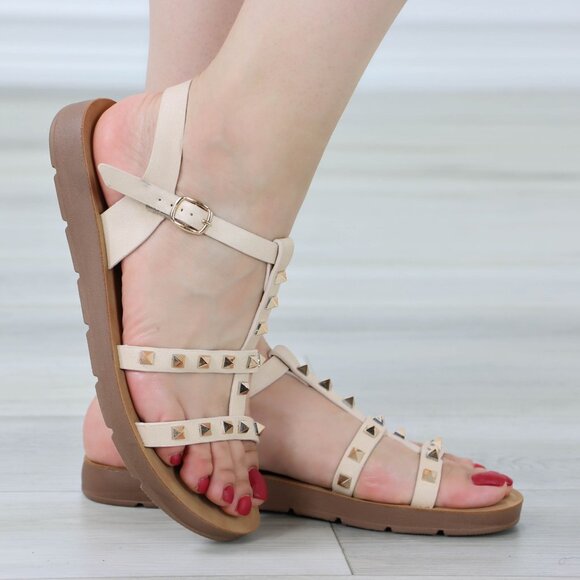 Nude Gladiator Sandal Comfy Flat Sole Metal Studs With Ankle Strap - Picture 5 of 11